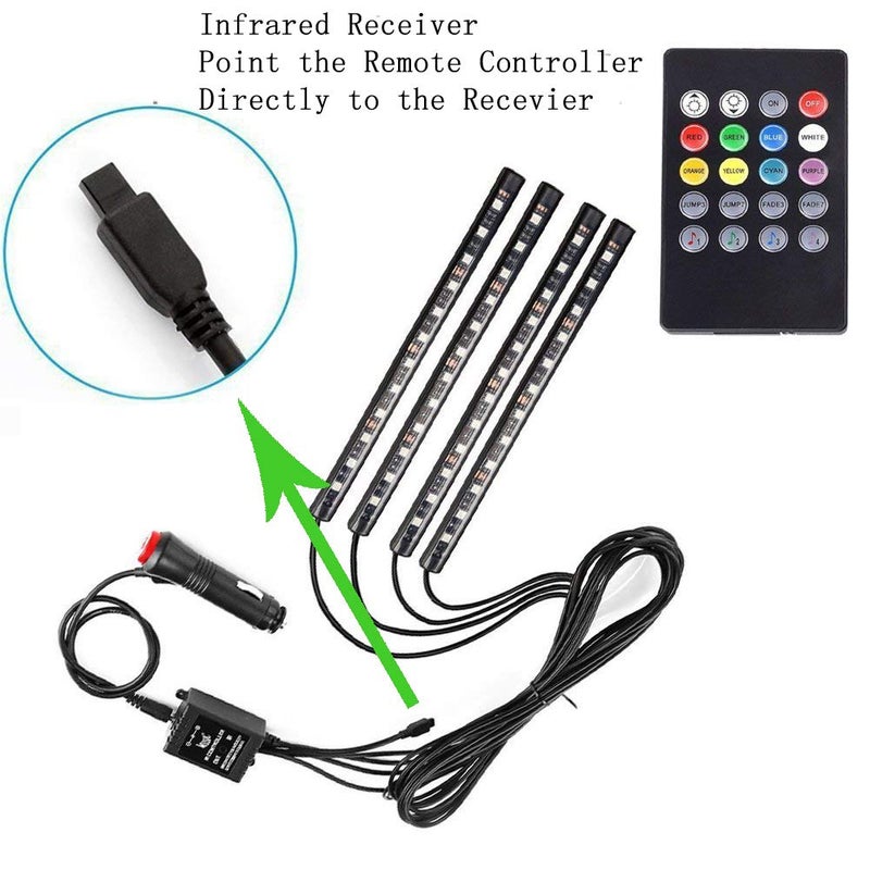 Uniwit Car LED Strip Light,Uniwit 4 Pieces DC 12V 72 LED Multicolor Car Interior Music Light LED Underdash Lighting Kit with Sound Active Function and Wireless Remote Control Including Car Charger - Image 3